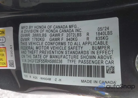 2024 Honda Civic Sport из США, поврежденный, VIN 2HGFE2F55RH586036